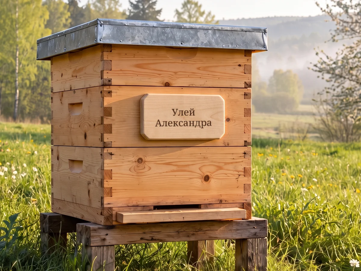 Деревянный улей на весеннем лугу, на табличке «Улей Александра»