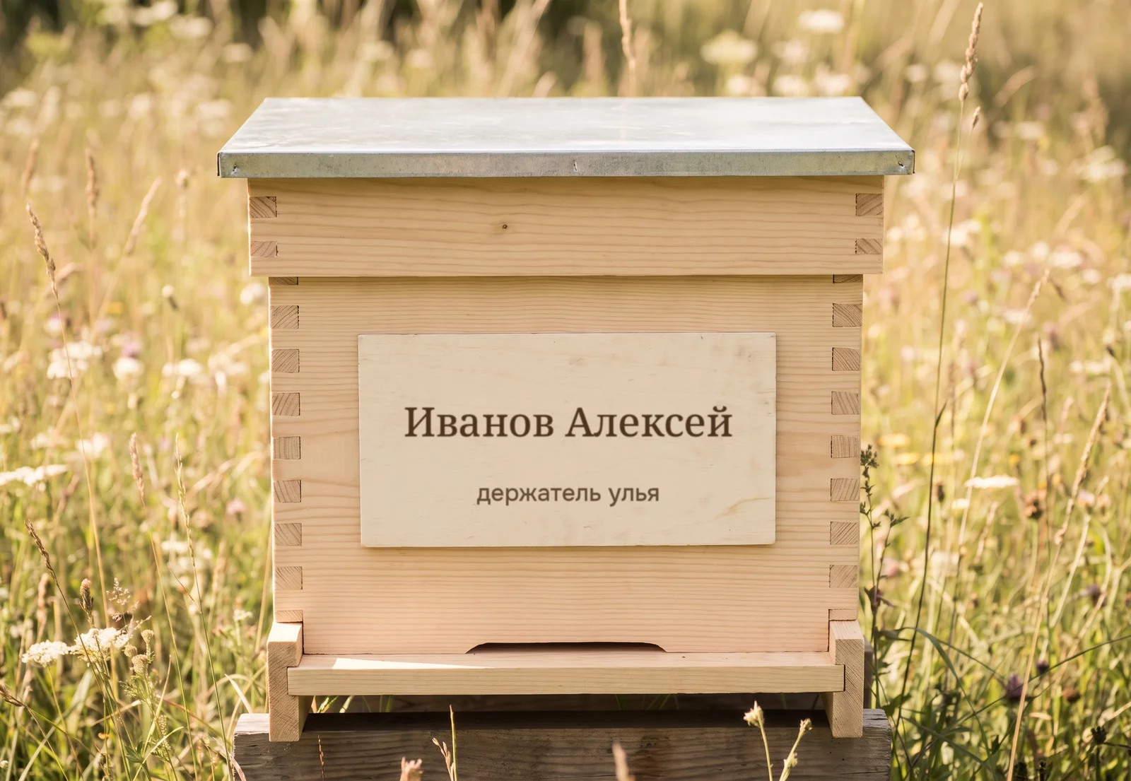Деревянный улей в цветущем лугу, на корпусе табличка с именем получателя